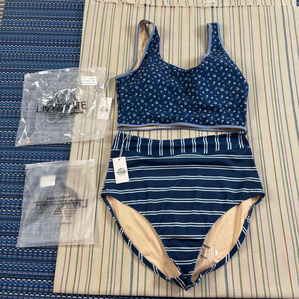 Livy & Kate Swimsuit Womens XL Blue Floral Stripe Tankini 2 Piece High Waist